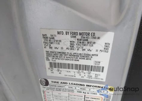 2011 Ford F-150 Xlt из США, поврежденный, VIN 1FTFW1EF0BKD51896